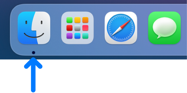 Una flecha azul que apunta al icono del Finder en el lado izquierdo del Dock.