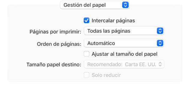 La opción “Gestión del papel” elegida en le menú desplegable de opciones de impresión y el menú desplegable “Orden de páginas” aparece para cambiar el orden de las páginas.