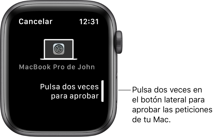 Apple Watch con una solicitud de aprobación de un MacBook Pro.