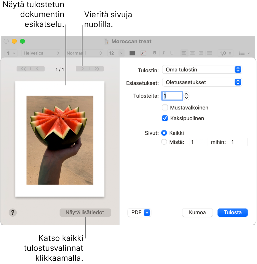 Tulosta-valintaikkunassa näkyy tulostustyön esikatselu. Saat kaikki tulostusvalinnat näkyviin klikkaamalla Näytä lisätiedot.