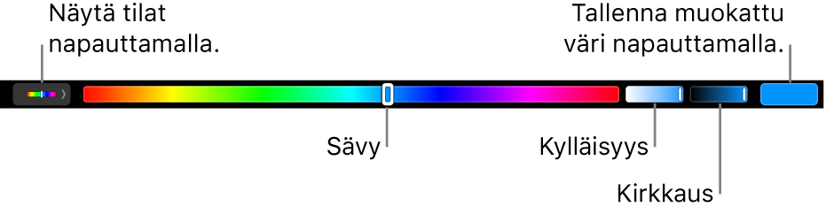 Touch Bar näyttää HSB-väritilan sävy-, kylläisyys- ja kirkkaus-liukusäätimet. Vasemmassa reunassa on painike, jolla näytetään kaikki tilat. Oikealla on painike muokatun värin tallentamiseen.
