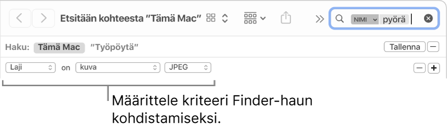 Finder-ikkuna, jossa on kenttiä hakuehtojen määrittämiseen.