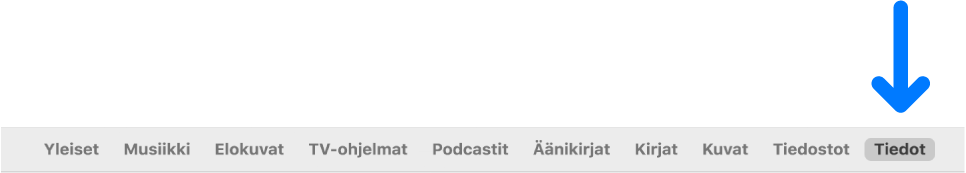 Painikepalkki, jossa on valittuna Tiedot.