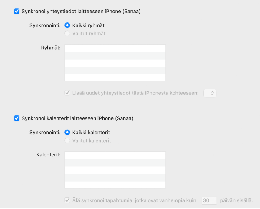 Tiedot-synkronointivalinnat, joissa ovat ”Synkronoi yhteystiedot laitteeseen” ja ”Synkronoi kalenterit laitteeseen” -valintaneliöt ja valinnat yhteystietoryhmien ja valittujen kalentereiden valitsemiseen.