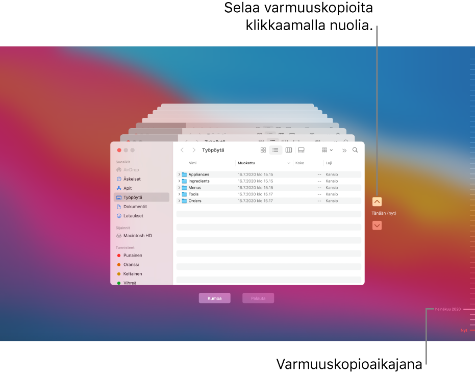 Kun avaat Time Machinen, näet sumennetun näytön, jossa on pinossa useita Finder-näyttöjä, jotka edustavat varmuuskopioita. Voit selata varmuuskopioita klikkaamalla nuolia tai oikealla olevaa varmuuskopioaikajanaa ja valita, mitkä tiedostot palautetaan.