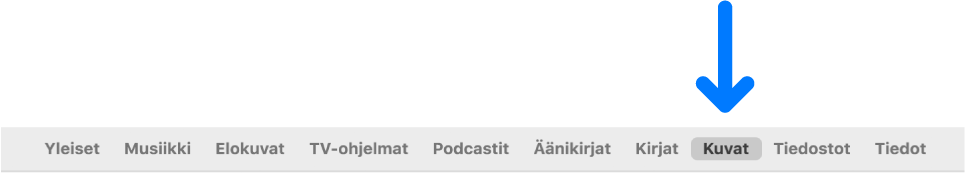 Painikepalkki, jossa on valittuna Kuvat.