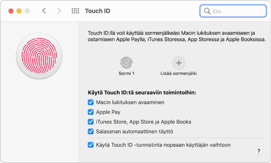 Touch ID -asetusosio, jossa näkyy, että sormenjälki on valmiina ja että sitä voidaan käyttää Macin avaamiseen.