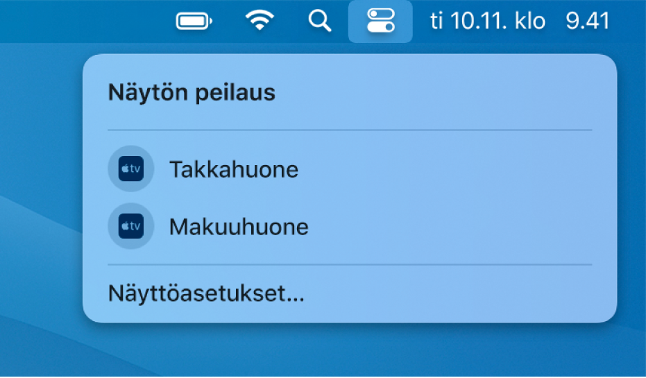 Näytön peilausvalinnat, mukaan lukien Apple TV, luettelona Ohjauskeskuksessa.