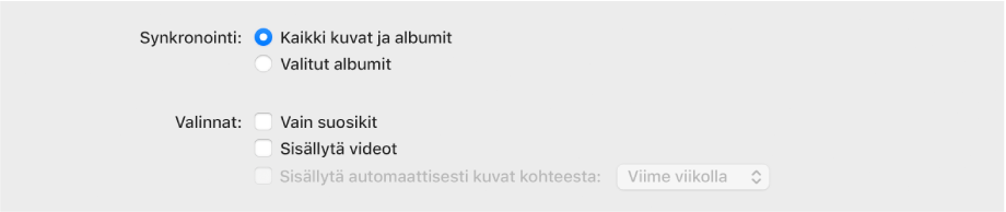”Synkronoi kuvat laitteeseesi lähteestä” -valintaneliö on näkyvissä ja ”Kuvat” on valittuna ponnahdusvalikossa.