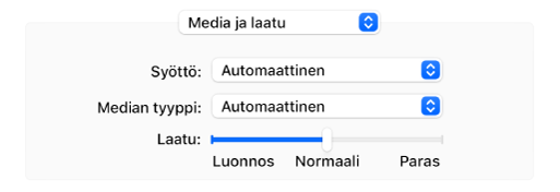 Media ja laatu ‑valinta, jossa näkyvät Syöttö- ja Mediatyyppi-ponnahdusvalikot sekä laadun skaalaussäädin.