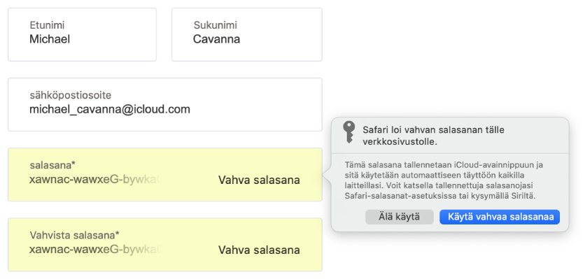 Valintaikkuna, jossa kerrotaan, että Safari on luonut vahvan salasanan verkkosivustolle ja että se tallennetaan käyttäjän iCloud-avainnippuun ja on käytettävissä käyttäjän muilla laitteilla.