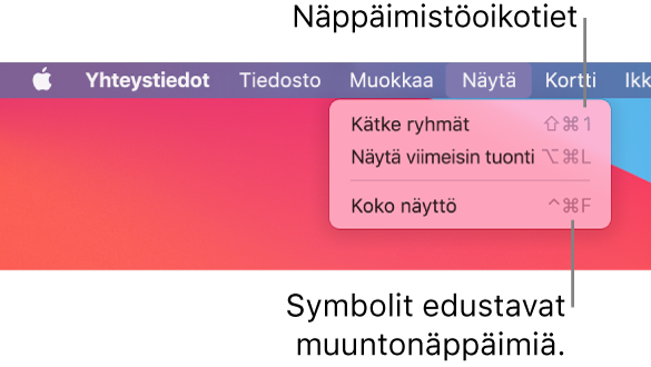 Safari-appi, jossa on merkittynä Arkisto-valikon näppäinoikotiet