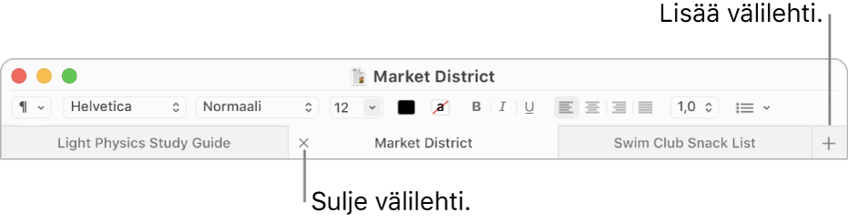 TeXturi-ikkuna, jossa on kolme välilehteä välilehtipalkissa muotoilupalkin alla. Yksi välilehti näyttää Sulje-painikkeen. Lisää-painike sijaitsee välilehtipalkin oikeassa reunassa.