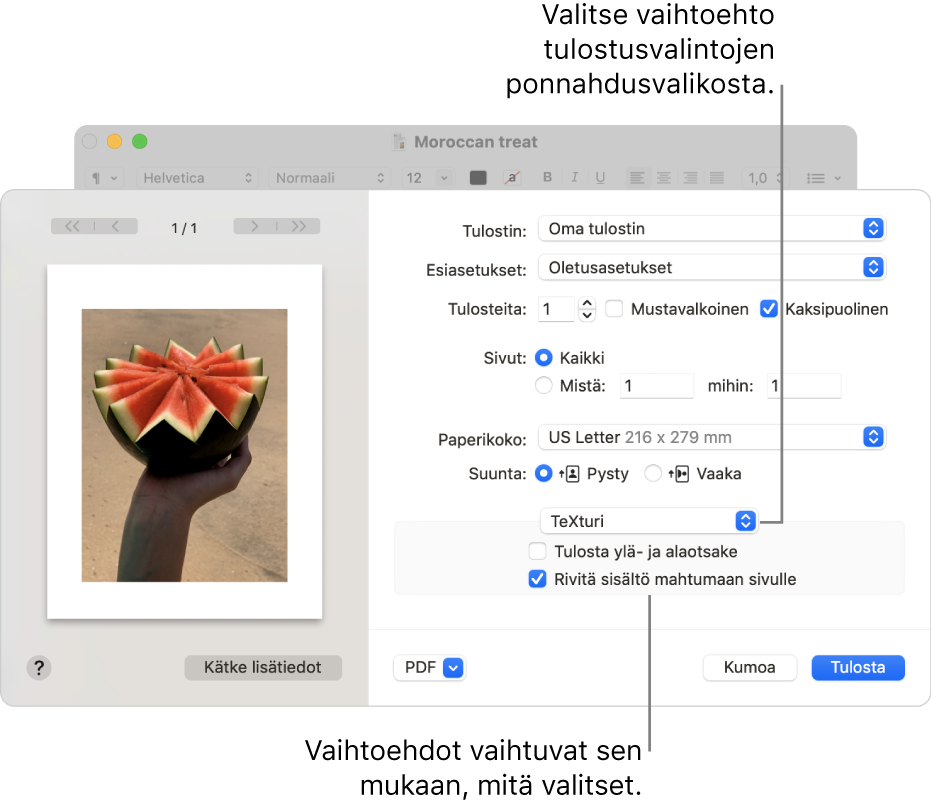 Tulostus-valintaikkuna, jossa näkyy tulostuksen lisäasetukset ja tulostusvalintojen ponnahdusvalikko lähellä valintaikkunan keskustaa. Ponnahdusvalikon alapuolella olevat tulostusvalinnat muuttuvat valitun vaihtoehdon mukaan.