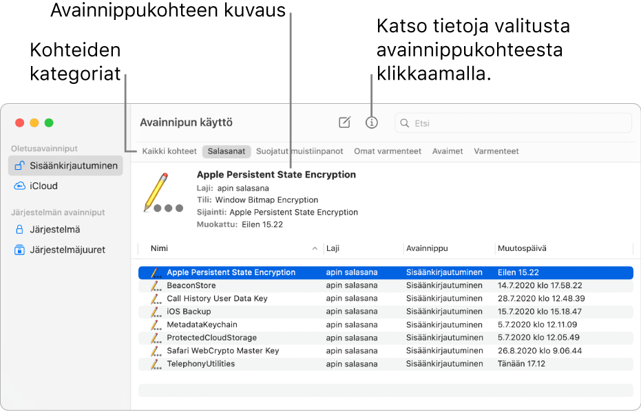 Avainnipun käyttö -ikkunassa näkyy avainnippuja sivupalkissa. Oikealla näkyy valitun kirjautumisavainnipun salasanan kuvaus.