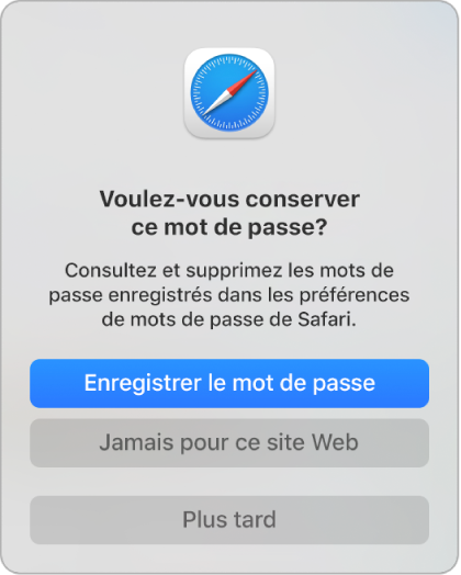 Zone de dialogue Safari qui demande si vous souhaitez enregistrer le mot de passe d’un site Web.