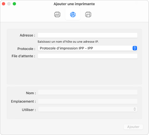 La zone de dialogue Ajouter une imprimante qui affiche les options IP pour la configuration d’une imprimante utilisant le protocole IP.