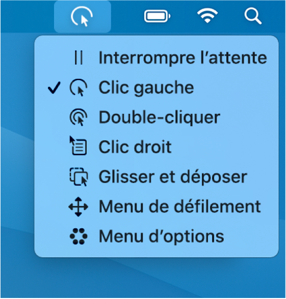 Menu d’état Attente, contenant les boutons suivants de haut en bas : Activer Attente, Clic gauche, Double-clic, Clic droit, Glisser et déposer, Menu de défilement et Menu d’options.