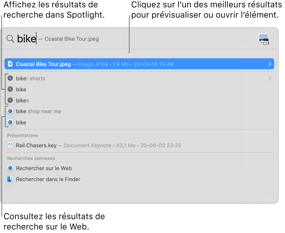 La fenêtre Spotlight qui affiche le texte de la recherche dans le champ de recherche en haut, avec les résultats en dessous.