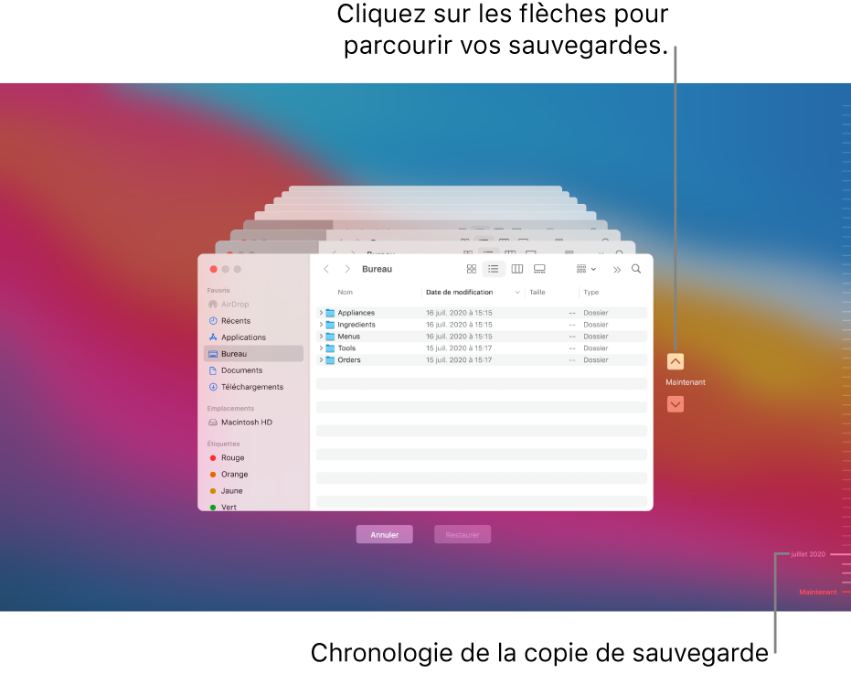 Lorsque vous ouvrez Time Machine, un écran flou s’affiche avec plusieurs écrans du Finder empilés pour représenter les sauvegardes. Cliquez sur les flèches pour parcourir vos sauvegardes (ou cliquez dans la chronologie de sauvegarde située à droite) et choisissez les fichiers à restaurer.