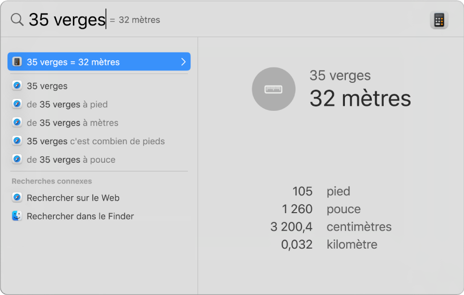 La fenêtre Spotlight qui affiche la conversion de verges en mètres dans le champ de recherche. À gauche se trouve une liste des résultats de la recherche. Des conversions supplémentaires sont affichées dans l’aperçu à droite.
