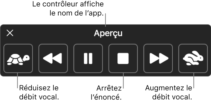 Le contrôleur à l’écran qui peut s’afficher lorsque votre Mac énonce un texte sélectionné. Le contrôleur comporte six boutons qui, de gauche à droite, vous laissent réduire le débit vocal, passer à la phrase précédente, lancer ou suspendre la lecture, arrêter la lecture, passer à la phrase suivante, et augmenter le débit vocal. Le nom de l’app est affiché en haut du contrôleur.