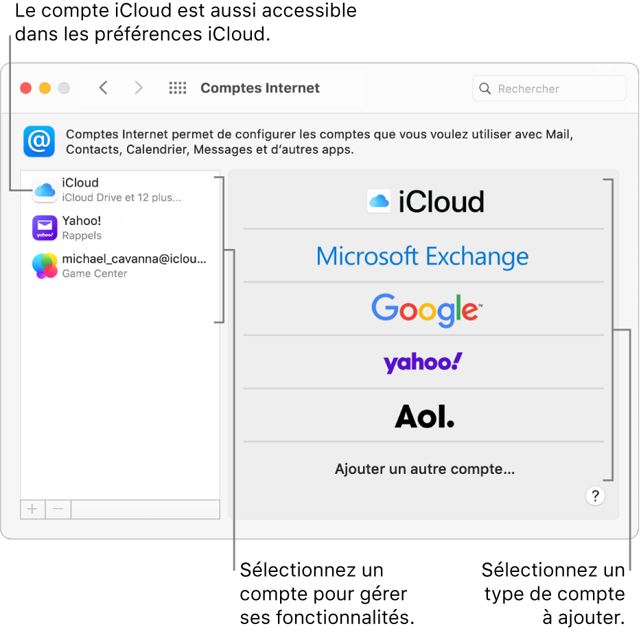 Préférences Comptes Internet avec des comptes répertoriés à droite et les types de comptes disponibles, à gauche.