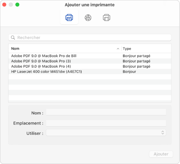 La zone de dialogue « Ajouter une imprimante » qui affiche les options par défaut pour sélectionner une imprimante et ajouter un nom ainsi qu’un emplacement, et le menu contextuel Utiliser pour choisir le type d’imprimante.