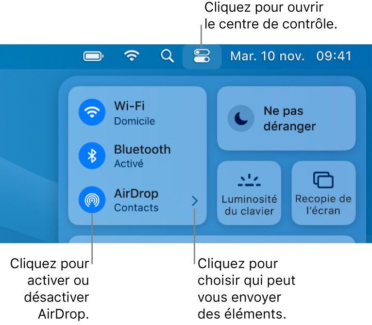 Une fenêtre du centre de contrôle qui affiche les commandes pour activer ou désactiver AirDrop et choisir qui peut vous envoyer des éléments.