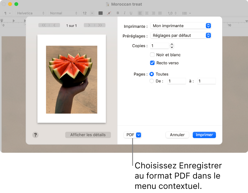 Cliquez sur le menu contextuel PDF, puis choisissez Enregistrer au format PDF.