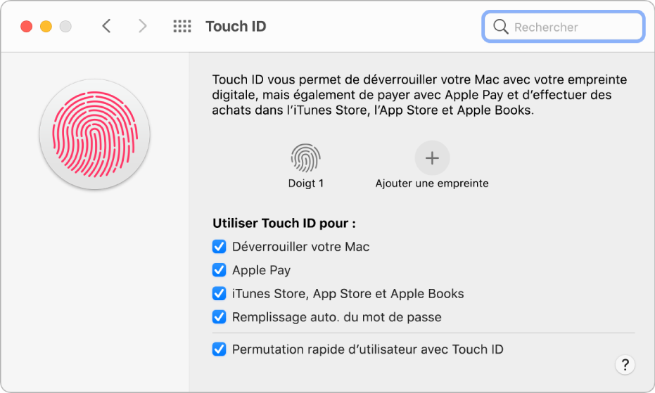 La sous-fenêtre de préférences Touch ID qui indique qu’une empreinte est prête à être utilisée pour déverrouiller le Mac.