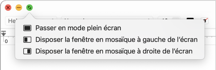 Menu qui s’affiche lorsque vous placez le pointeur sur le bouton vert situé dans le coin supérieur gauche d’une fenêtre. Les commandes de menu comprennent, de haut en bas : Activer le mode plein écran, Disposer la fenêtre en mosaïque à gauche de l’écran, Disposer la fenêtre en mosaïque à droite de l’écran.