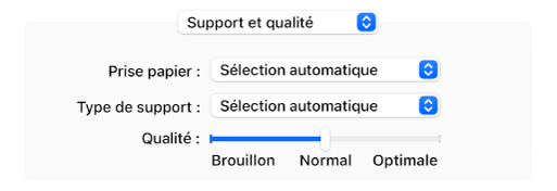 L’option « Support et qualité » qui affiche les menus contextuels « Prise papier » et « Type de support », ainsi qu’un curseur d’échelle de qualité.