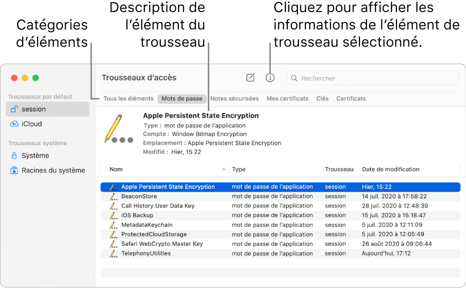 La fenêtre Trousseaux d’accès qui affiche des trousseaux dans la barre latérale. À droite, la description d’un mot de passe du trousseau de session est affichée.