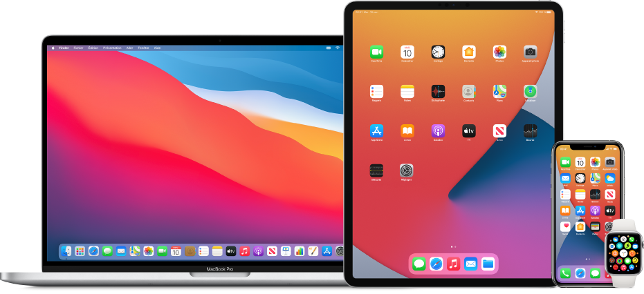 Un Mac, un iPad, un iPhone et une Apple Watch.