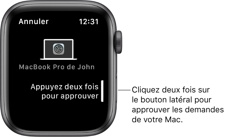 Apple Watch présentant une demande d’approbation d’un MacBook Pro.