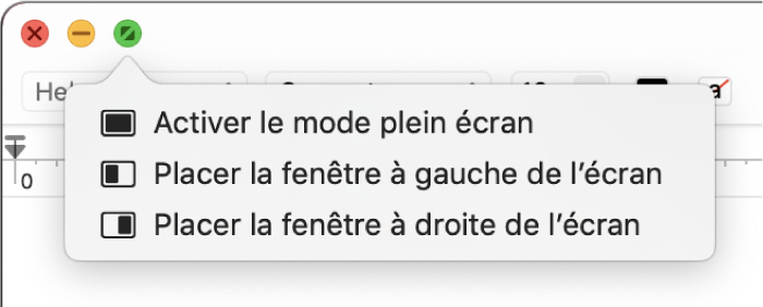 Le menu qui s’affiche lorsque vous placez le pointeur sur le bouton vert dans le coin supérieur gauche d’une fenêtre. Les commandes de menu de haut en bas comprennent : « Activer le mode plein écran », « Faire glisser la fenêtre vers la partie gauche de l’écran », « Faire glisser la fenêtre vers la partie droite de l’écran ».