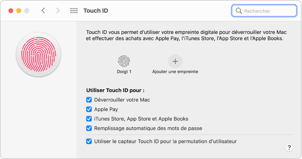 La sous-fenêtre des préférences « Touch ID » indiquant qu’une empreinte est prête à être utilisée pour déverrouiller le Mac.