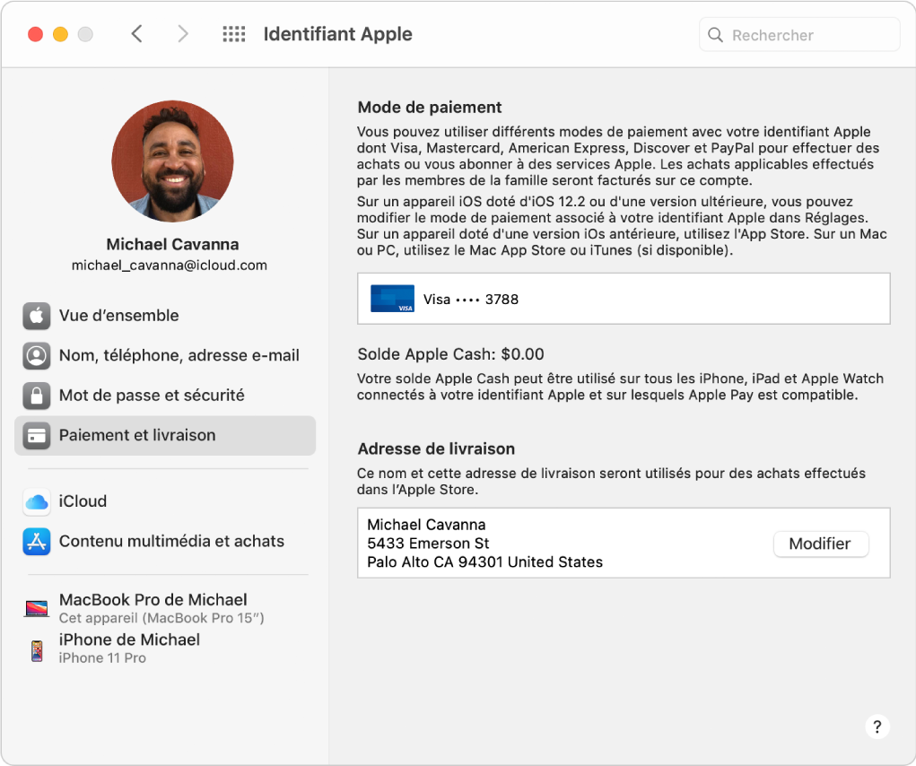 Préférences « Identifiant Apple » montrant une barre latérale de différents types d’options de compte que vous pouvez utiliser et les préférences « Paiement et livraison » pour un compte existant.