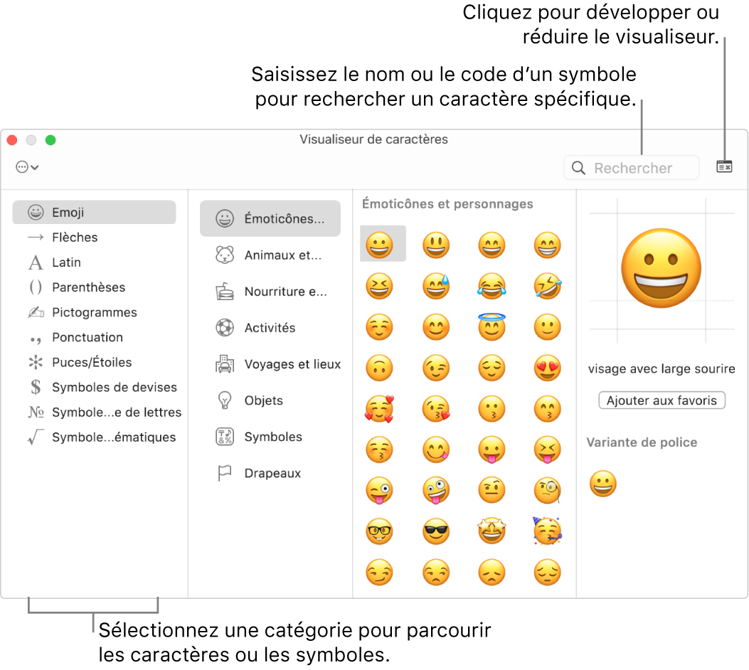 La fenêtre Visualiseur de caractères. Sélectionnez une catégorie à gauche pour parcourir les caractères ou les symboles. Dans le champ de recherche, saisissez un nom ou un code de symbole pour trouver un caractère spécifique. Cliquez dans le coin supérieur droit pour développer ou condenser le visualiseur.