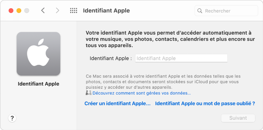 Zone de dialogue « Identifiant Apple », dans laquelle vous pouvez saisir un identifiant Apple. Un lien « Créer un identifiant Apple » vous permet de créer un nouvel identifiant Apple.