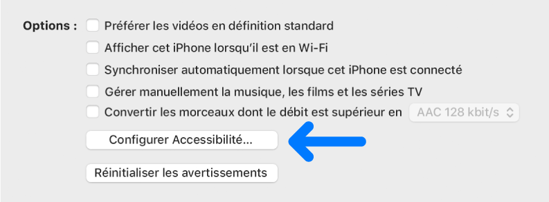 Les options de synchronisation s’affichent avec le bouton « Configurer l’accessibilité » identifié.