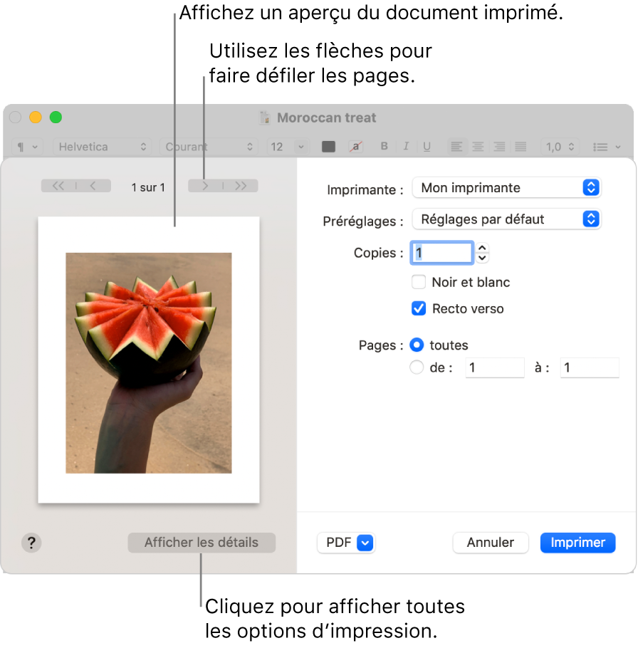 La zone de dialogue Imprimer affiche un aperçu de votre tâche d’impression. Cliquez sur le bouton Afficher les détails pour afficher toutes les options d’impression.