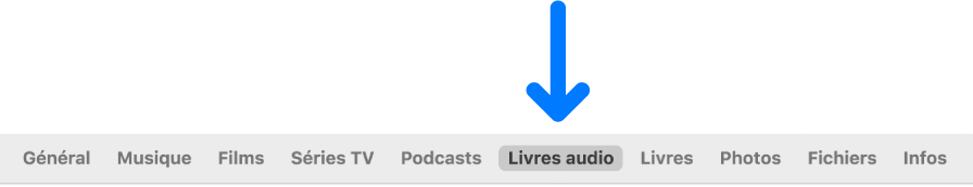 La barre des boutons affichant l’option « Livres audio » sélectionnée.