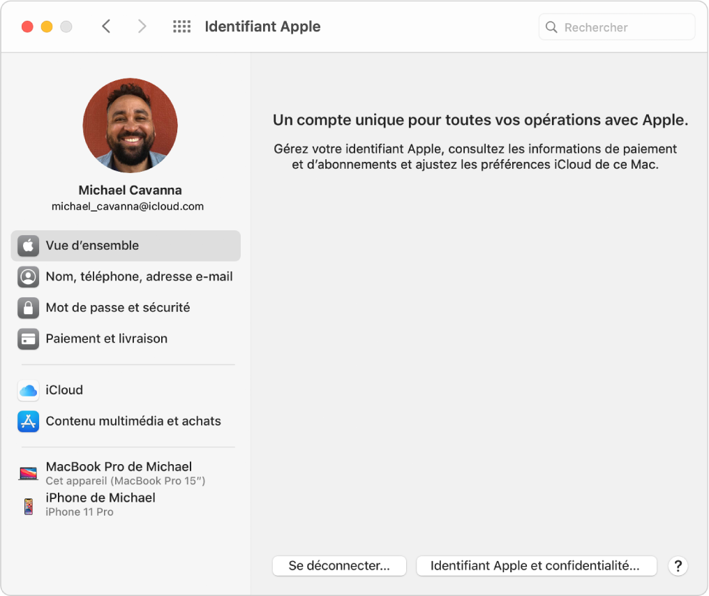 Préférences « Identifiant Apple » montrant une barre latérale de différents types d’options de compte que vous pouvez utiliser et les préférences « Vue d’ensemble » pour un compte existant.