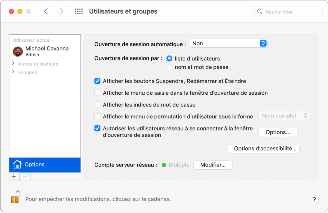 La sous-fenêtre Options des préférences Utilisateurs et groupes, où vous pouvez sélectionner des options de personnalisation de la méthode de connexion d’un utilisateur.