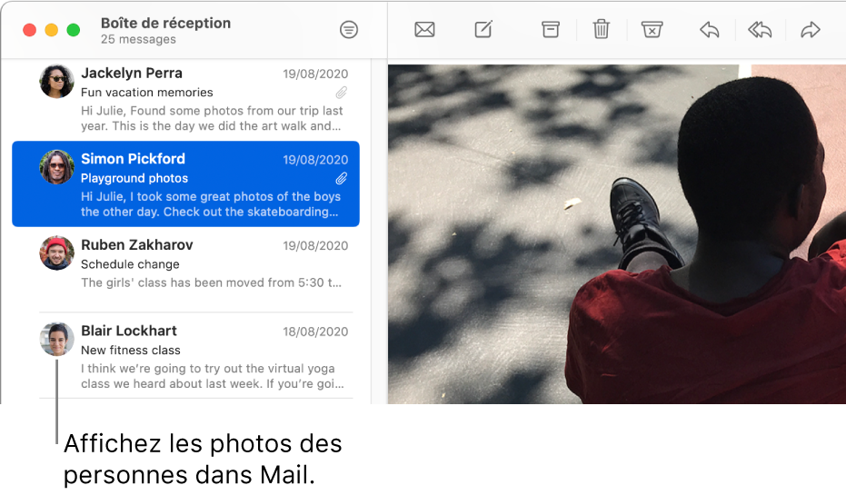 La fenêtre Mail affichant la liste des messages avec la photo des expéditeurs en regard de leur nom.