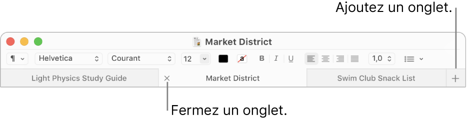 Une fenêtre TextEdit avec trois onglets dans la barre d’onglets, située sous la barre de mise en forme. Un onglet affiche le bouton de fermeture. Le bouton Ajouter se trouve à l’extrémité droite de la barre d’onglets.