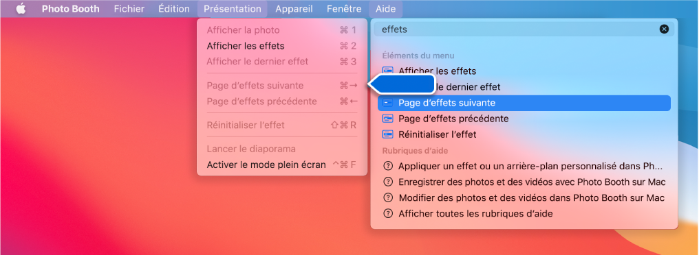Le menu Aide de Photo Booth dispose des résultats de recherche pour un élément de menu sélectionné et une flèche placée sur l’élément dans les menus d’app.