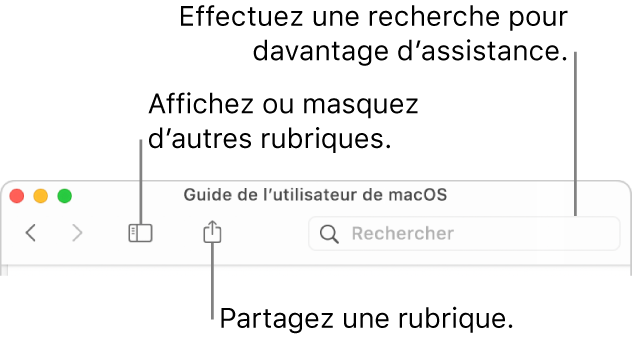 La fenêtre d’aide avec les boutons dans la barre d’outils qui permet de masquer ou d’afficher la table des matières et de partager une rubrique et le champ de recherche qui permet de rechercher des rubriques.